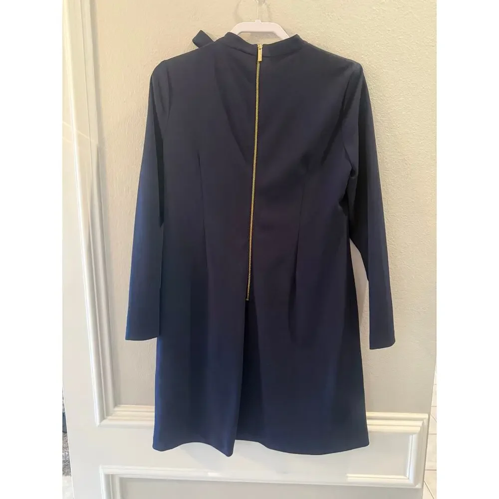 Calvin Klein High Neck Long Sleeve Navy Shift Dress Bow Neck Career Sz 12 - Picture 2 of 7
